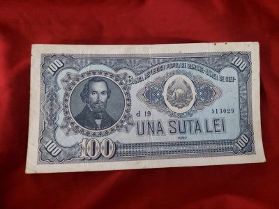 Bancnota 1952,bancnota veche ROMANEASCA UNA SUTA Lei-Nicolae Balcescu-d19-513029 foto