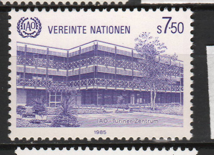TIMBRE 143h, ONU, VIENA, 1985, SEDIUL ASOCIATIEI INTERNATIONALE A MUNCII.