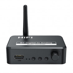 Convertor Audio Digital la Analog Techstar® OT13, Compatibil Bluetooth 5.1, USB, AUX 3.5 mm, Cablu audio optic, RCA, Negru