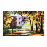 Tablou pictat manual, Prin parcul de la conac, stilizat, 100x60cm ulei pe panza in cutit efect 3D, superb