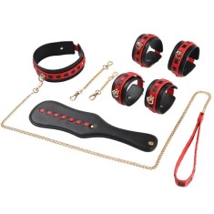 Set BDSM 4 Piese Magnificent Look, Piele Ecologica, Negru/Rosu