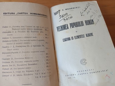 SIMION MEHEDINTI-VECHIMEA POPORULUI ROMAN SI LEGATURA CU ELEMENTELE ALOGENE/ PRIMA EDITIE 1920 STARE EXCELENTA foto