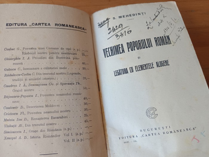 SIMION MEHEDINTI-VECHIMEA POPORULUI ROMAN SI LEGATURA CU ELEMENTELE ALOGENE/ PRIMA EDITIE 1920 STARE EXCELENTA