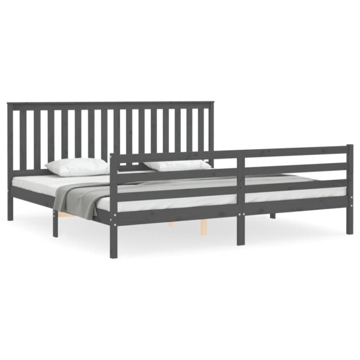 Cadru pat cu tablie 200x200 cm, gri, lemn masiv