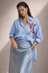 Camasa dama bleu din bumbac cu imprimeu girafa multicolora