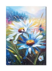 Tablou cu margarete pe camp pictat manual, 60x40cm ulei pe panza in cutit efect 3D, Valentin Pop