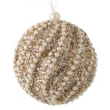 Ornament Brad Crăciun, Model Glob, Spumă Bej, Glitter Alb Perlat, Diametru 8cm, Oem