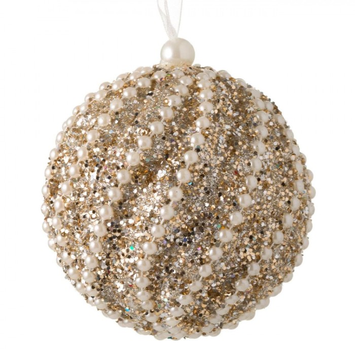 Ornament Brad Crăciun, Model Glob, Spumă Bej, Glitter Alb Perlat, Diametru 8cm