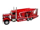 Macheta metal Camion transportor auto roșu cu mașinuță sport 1:43 rampă lumini și sunete