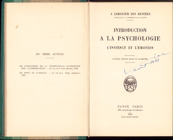 HST C3493 Introduction a la psychologie. L&rsquo;instinct et l&rsquo;emotion 1934