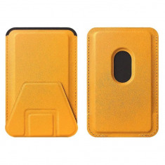 Suport telefon pliabil 2 in 1 Galben, magnetic, multifunctional, pentru Iphone, port carduri, din piele PU, 5,5x8,5 cm