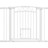 PawHut Ușă de Siguranță pentru C&acirc;ini de Interior cu 2 Extensii și Ușiță pentru Pisici, 76-104x77 cm, Alb | Aosom Romania