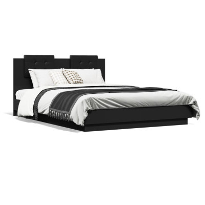 vidaXL Cadru de pat cu tăblie și lumini LED, negru, 140x200 cm foto