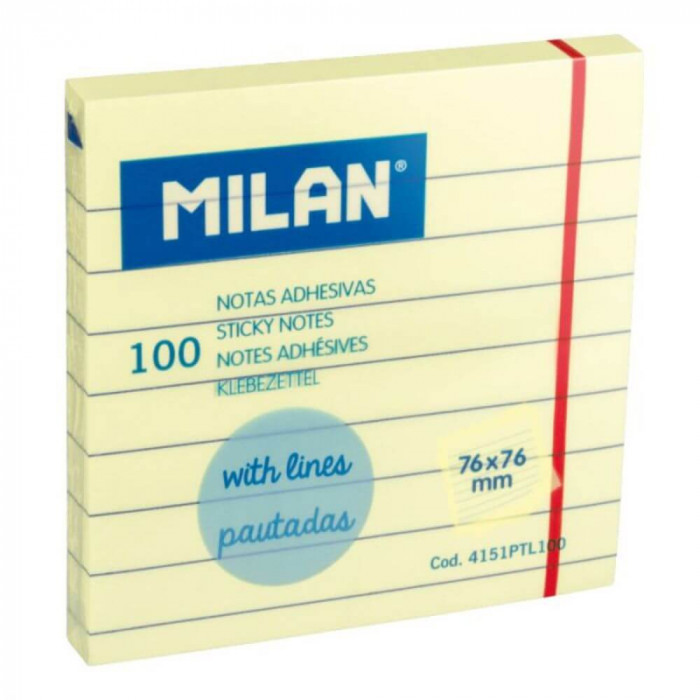 Notite Adeziv Milan, Liniate, 100 File, 76x76 mm, Galben Pal, Bloc Notes, Post-it, Sticky Notes, Bloc de Hartie, Notite Adezive, Post-it-uri, Notite p