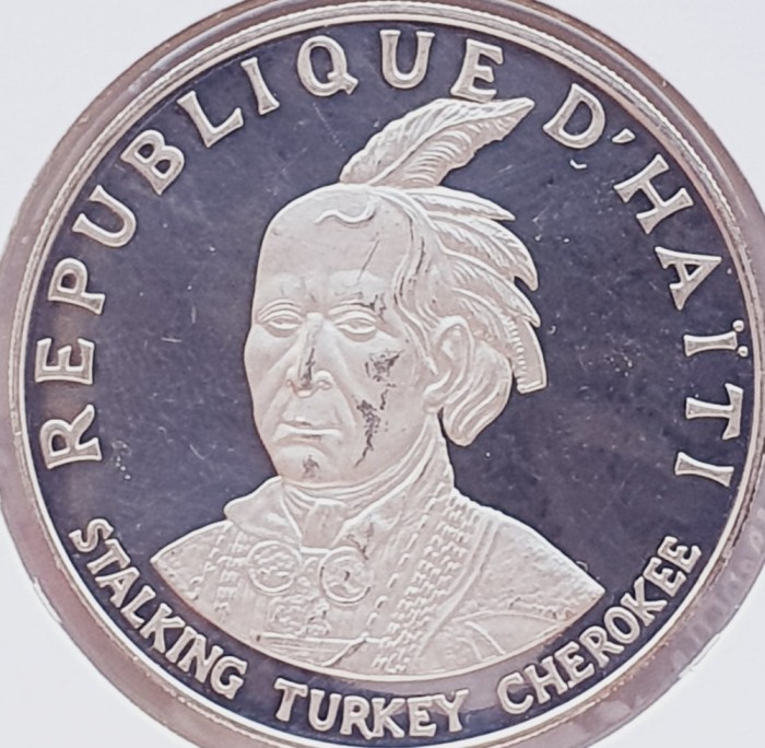 42 Haiti 10 Gourdes 1971 47g 99.9% Stalking Turkey Cherokee km 87 proof argint