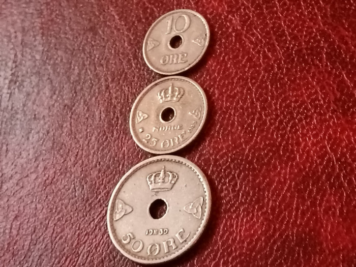 Set 3 monede 10+25+50 ore 1939 (tiraje mici),Norvegia. Discount de 10 % pentru comenzi de minimum 150 de lei.