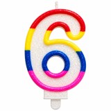 Cumpara ieftin Lumanare tort cifra 6 cu sclipici, multicolora rosu, galben, albastru si roz, pentru aniversari si decor festiv, cu suport inferior