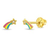 Cercei din Aur 14K pentru Bebelusi si Copii, model Stea Cazatoare cu Email si Piatra CZ clara, inchidere cu Filet si Protectie