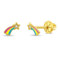 Cercei din Aur 14K pentru Bebelusi si Copii, model Stea Cazatoare cu Email si Piatra CZ clara, inchidere cu Filet si Protectie