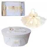 Set dantela trusou botez, cutie trusou si lumanare, Ingeras, decor ivoire,