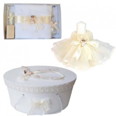 Set dantela trusou botez, cutie trusou si lumanare, Ingeras, decor ivoire,