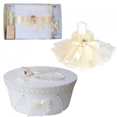 Set dantela trusou botez, cutie trusou si lumanare, Ingeras, decor ivoire, foto