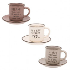 Set 3 cesti cu farfurii pentru cafea,mesaje motivationale,6 piese,130 ml