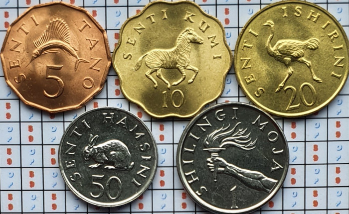 set 5 monede Tanzania 5, 10, 20, 50 senti 1 shiling 1976 - 1992 UNC - A026