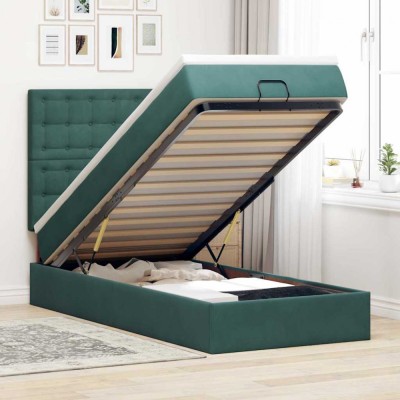 vidaXL Cadru de pat otoman cu saltele, catifea verde &amp;icirc;nchis 90x200cm 3314441 foto