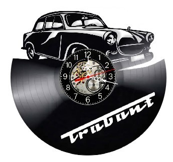 Ceas de perete decorativ realizat din disc de vinil, Model Trabant Masina Retro Clasica, Logo Trabant, Negru, 30 cm foto