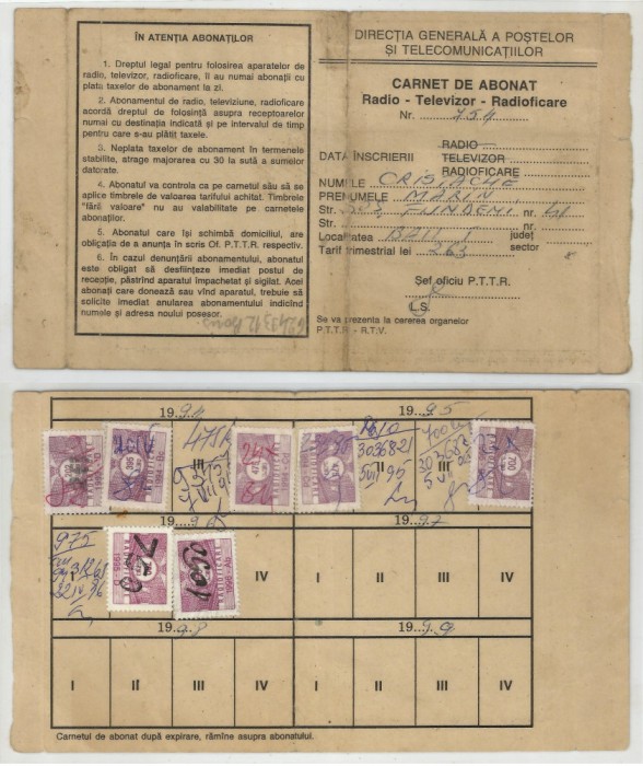 Romania, Carnet de abonat radio-televizor-radioficare, 1994