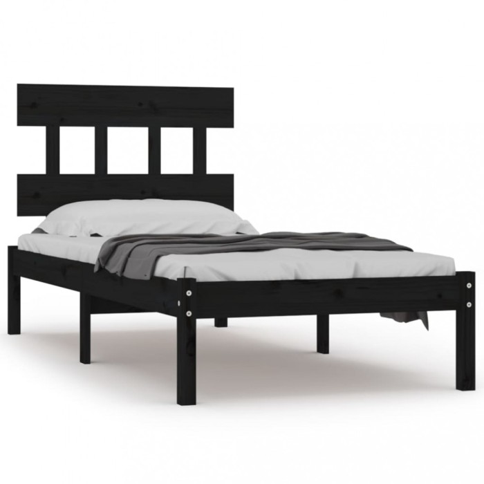 Cadru de pat mic single, negru, 75x190 cm, lemn masiv