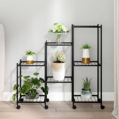 Gossi suport pentru flori cu roti, 83x25x83,5 cm, negru, fier foto