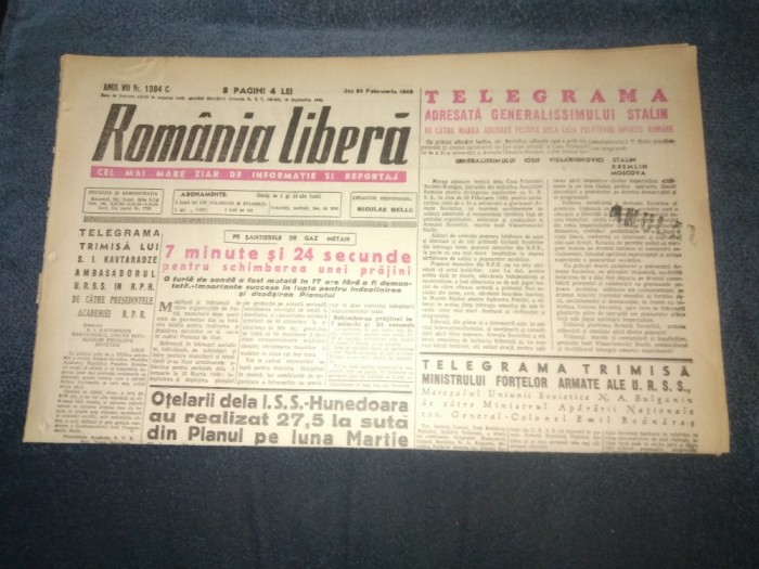 ZIARUL ROMANIA LIBERA 24 FEBRUARIE 1949