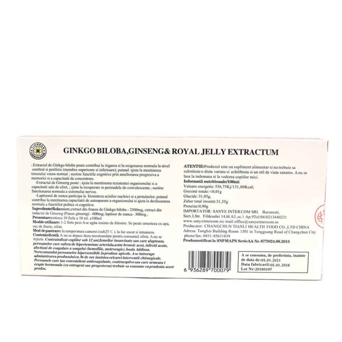 Ginkgo Biloba Ginseng & Royal Jelly, 10 fiole, Sanye Intercom Ginkgo Biloba Ginseng & Royal Jelly, 10 fiole, Sanye Intercom