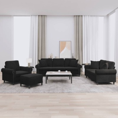 vidaXL Set de canapele cu perne, 4 piese, negru, catifea foto