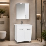 Set mobilier baie GN0541, front MDF, cu lavoar ceramic, 60 cm, 2 usi, 2 rafturi, picioare cromate reglabile, balamale soft close si oglinda cu dulap G