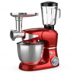 Robot de bucatarie cu bol otel Tesla KR600RA, 1000W, 5 litri, Blender, Mixer, Masina de tocat carne, Rosu metalic