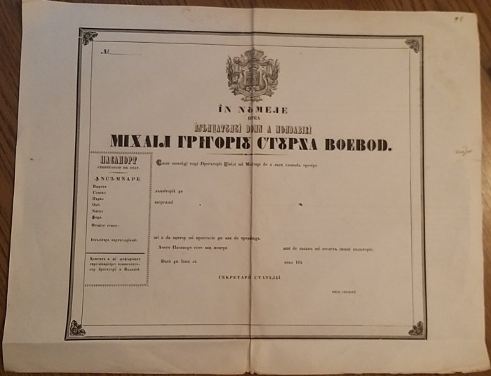 Moldova anii 1840 pasaport emis in numele domnitorului Mihail Gr. Sturza