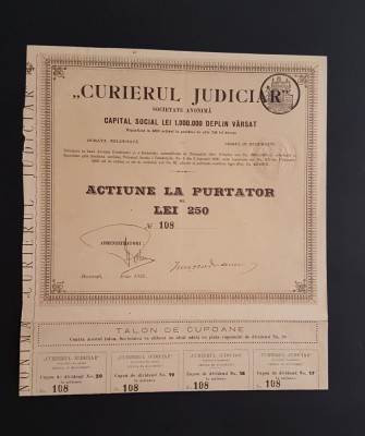 Actiune rara 1921 Curierul judiciar / titlu / actiuni / ziarul / jurnalism foto