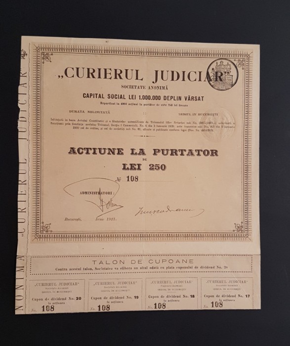Actiune rara 1921 Curierul judiciar / titlu / actiuni / ziarul / jurnalism