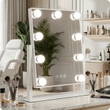 Oglindă de machiaj Hollywood, albă, 30.5x30cm, 9 LED-uri, cu temperatură de culoare