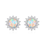 Cercei Stud din Argint 925 cu Opal Alb-Multicolor si Halo de Zirconii, Model Soare