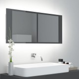 Dulap de baie cu oglindă &amp; LED, gri extralucios 100x12x45 acril