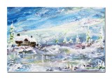 Tablou pictat manual, Peisaj de iarna, stilizat, 30x20cm acril pe panza in cutit efect 3D, Kenny Varniote