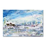 Tablou pictat manual, Peisaj de iarna, stilizat, 30x20cm acril pe panza in cutit efect 3D, Kenny Varniote