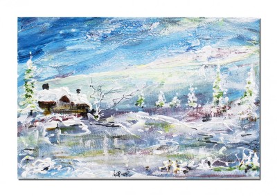 Tablou pictat manual, Peisaj de iarna, stilizat, 30x20cm acril pe panza in cutit efect 3D, Kenny Varniote foto
