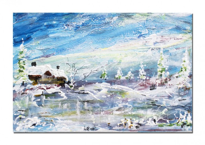 Tablou pictat manual, Peisaj de iarna, stilizat, 30x20cm acril pe panza in cutit efect 3D, Kenny Varniote