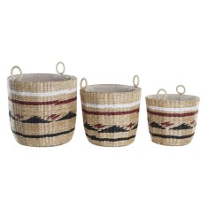 Set de Coșuri DKD Home Decor Alb Negru Castaniu Natural Fibră naturală (3 Piese)