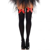 LEG AVENUE - BLACK NYLON THIGH HIGHS WITH RED BOW ONE SIZE, LEG AVENUE HOSIERY